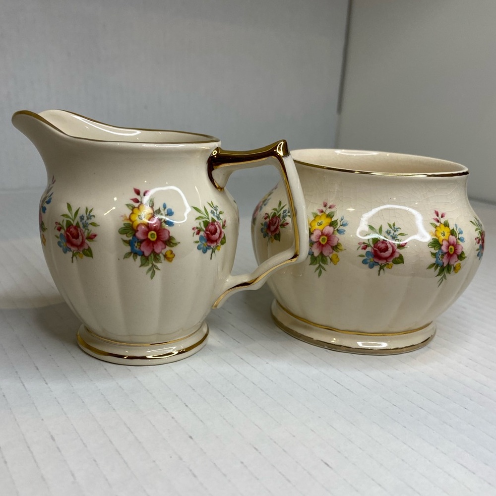 Vintage Sadler England Bone China Cream and Open Sugar Bowl Set Cream Florals